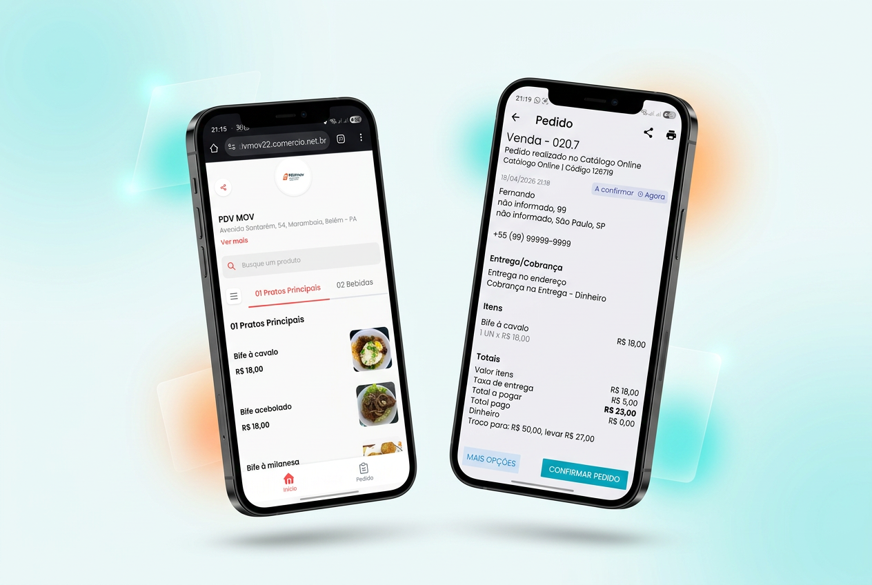Mockups do Catálogo Online e Pedido do M2R PDV em smartphones