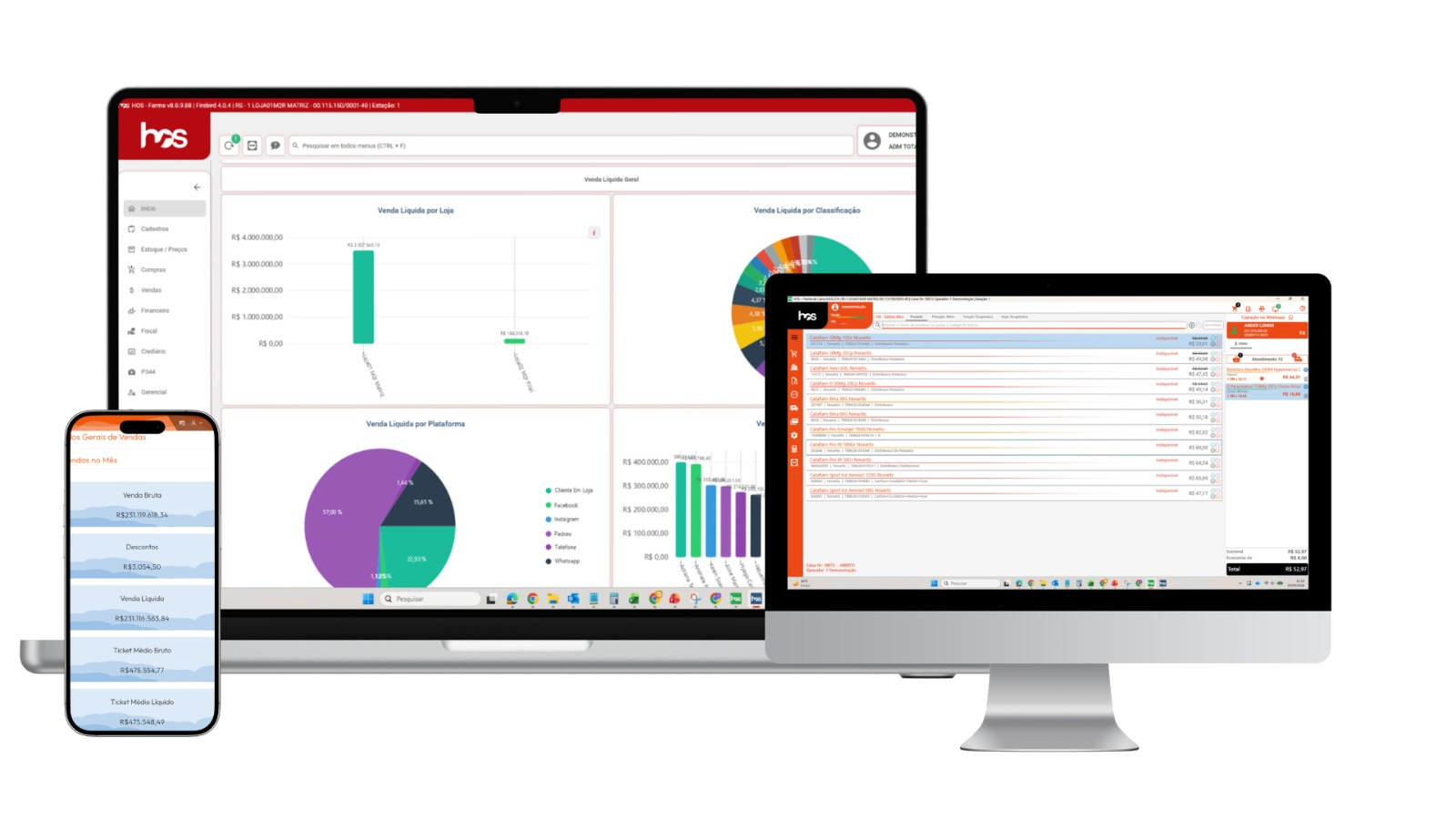 HOS Farma em notebook, monitor e smartphone